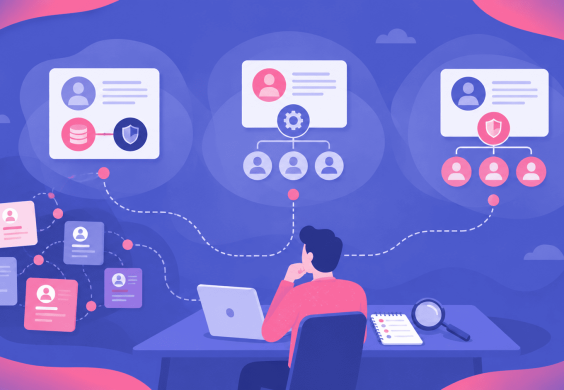 Magnifying glass over anonymised professional profiles, with three paths leading to different hiring plans.